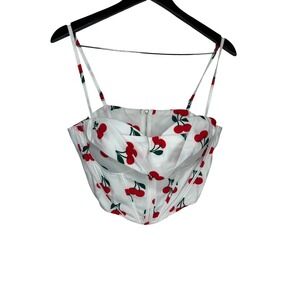 Parthea Corset Top Cherry Print Large White‎ Red Boning Bustier Strappy Coquette
